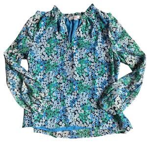 🌺 Floral Blue Green Leaf‑Print Blouse 💙 Size SP